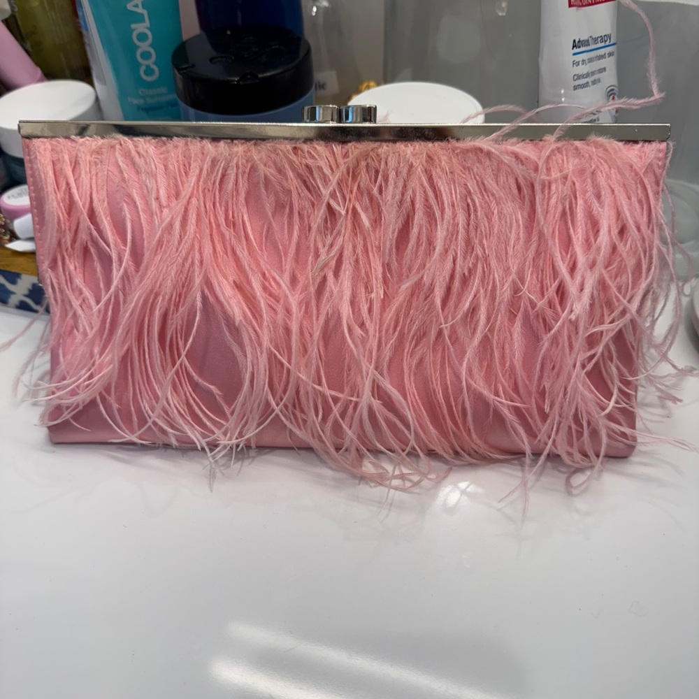 BCBG Pink Feather-Trim Clutch Bag